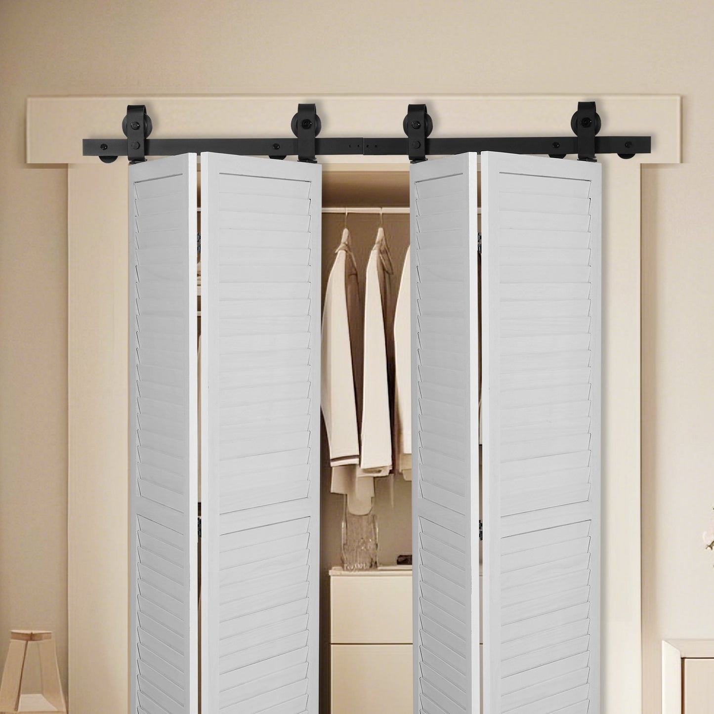 Bi-Folding Sliding Barn Door Hardware Track Kit, 52" Top Mount Track Kit, Slide Smoothly & Quietly, Heavy Duty, Easy to Install, Suitable for Four 12" Closet Pantry Laundry Doors (Not Included)
