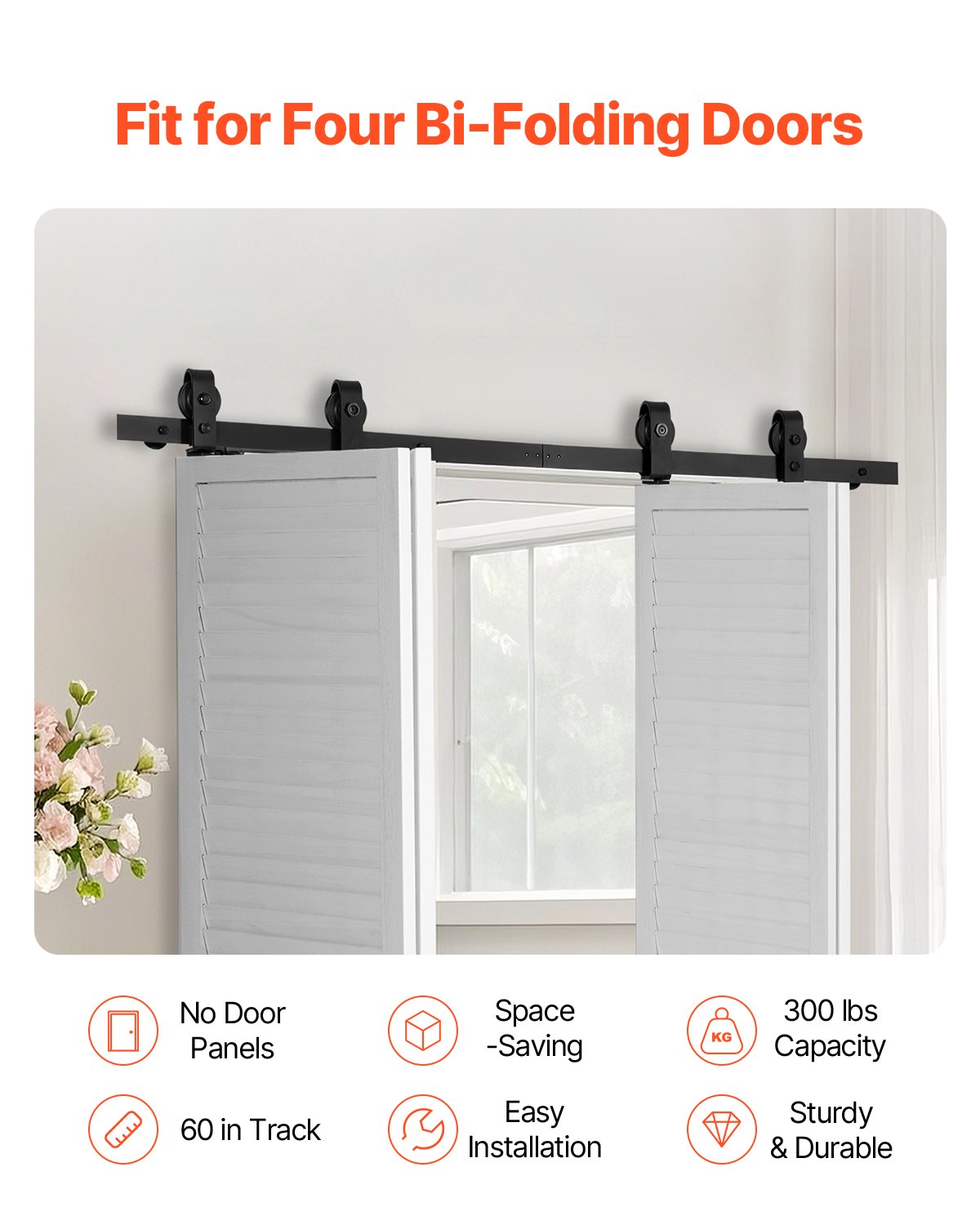 Bi-Folding Sliding Barn Door Hardware Track Kit, 60" Top Mount Track Kit, Slide Smoothly & Quietly, Heavy Duty, Easy to Install, Suitable for Four 14" Closet Pantry Laundry Doors (Not Included)