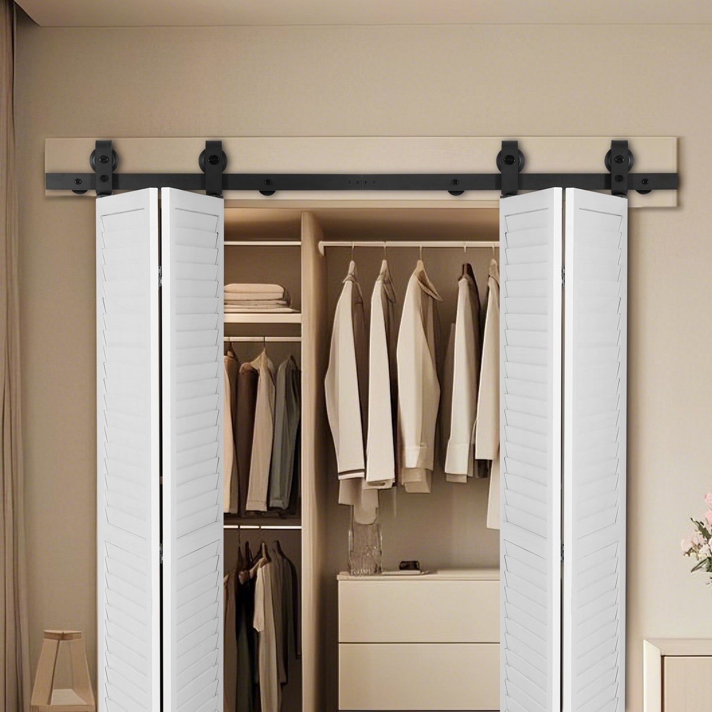 Bi-Folding Sliding Barn Door Hardware Track Kit, 60" Top Mount Track Kit, Slide Smoothly & Quietly, Heavy Duty, Easy to Install, Suitable for Four 14" Closet Pantry Laundry Doors (Not Included)