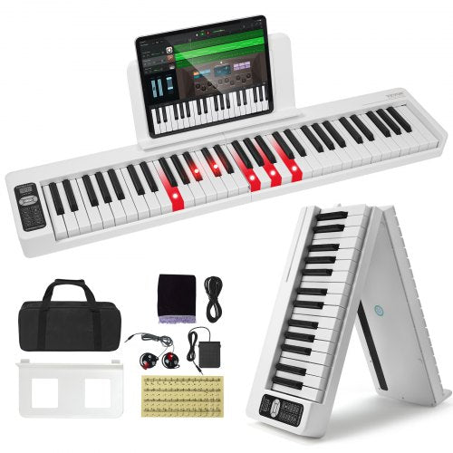 61 Key Folding Keyboard Piano, Bluetooth & MIDI, Portable Electronic Digital Foldable Piano with Sustain Pedal Touch Sensitive Lighted Keys Bag, Rechargeable for Beginners Teens Adults, White
