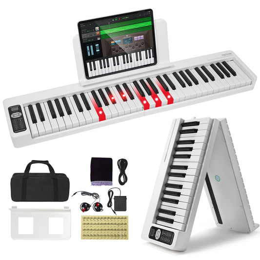 61 Key Folding Keyboard Piano Portable Foldable Piano Bluetooth MIDI White