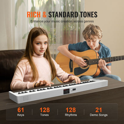 61 Key Folding Keyboard Piano, Bluetooth & MIDI, Portable Electronic Digital Foldable Piano with Sustain Pedal Touch Sensitive Lighted Keys Bag, Rechargeable for Beginners Teens Adults, White