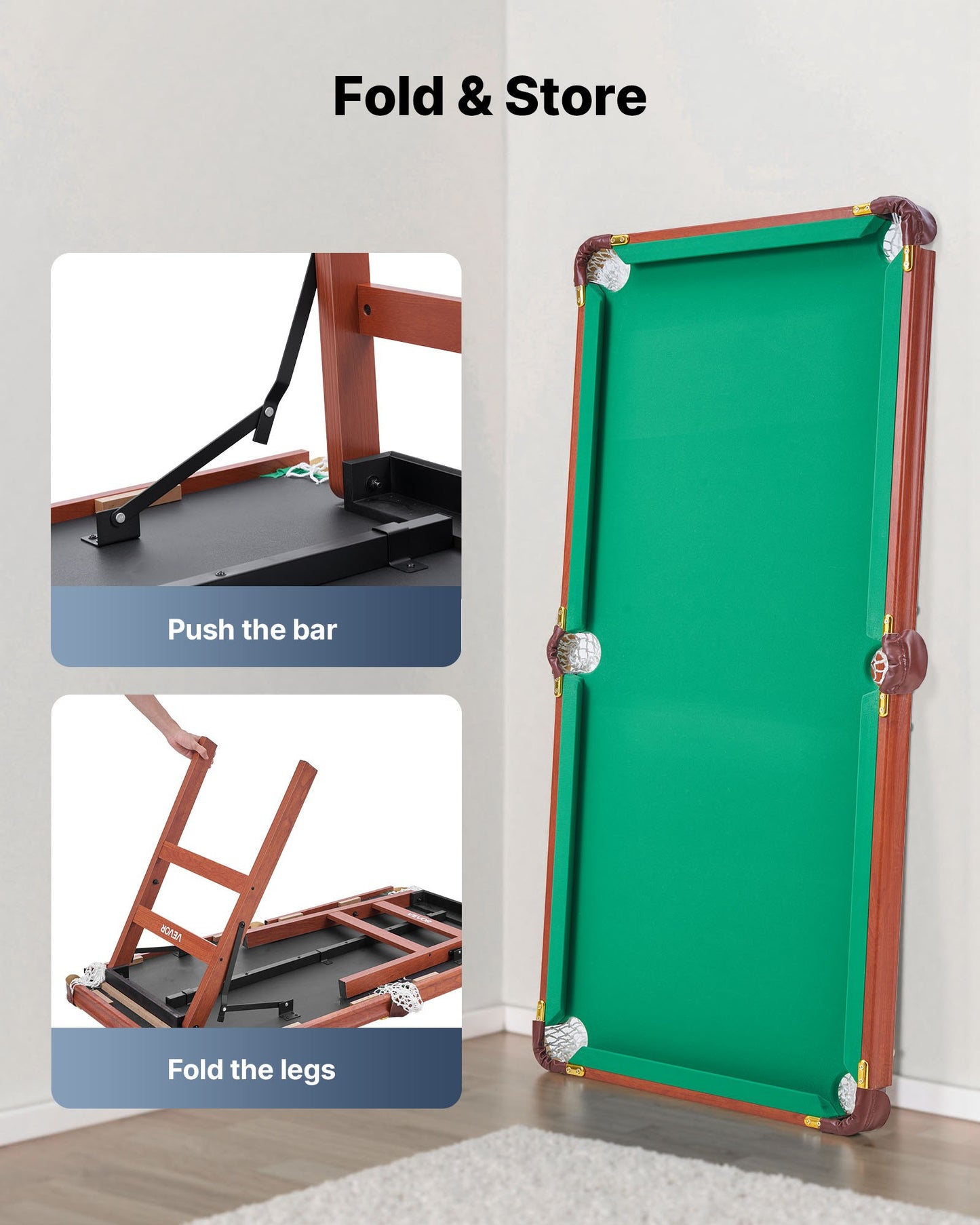 Folding Pool Table, 4.5 ft Portable Billiards Tables, Foldable Space-Saving Entertainment Game Set Includes Ball, Cue, Rack, Chalk, Brush, Brown with Bule Cloth, for Family Use, Recreation Room