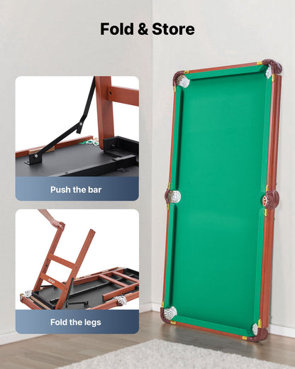 Folding Pool Table, 4.5 ft Portable Billiards Tables, Foldable Space-Saving Entertainment Game Set Includes Ball, Cue, Rack, Chalk, Brush, Brown with Bule Cloth, for Family Use, Recreation Room