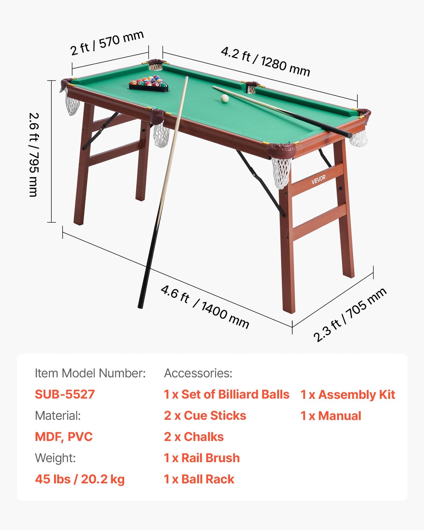 Folding Pool Table, 4.5 ft Portable Billiards Tables, Foldable Space-Saving Entertainment Game Set Includes Ball, Cue, Rack, Chalk, Brush, Brown with Bule Cloth, for Family Use, Recreation Room