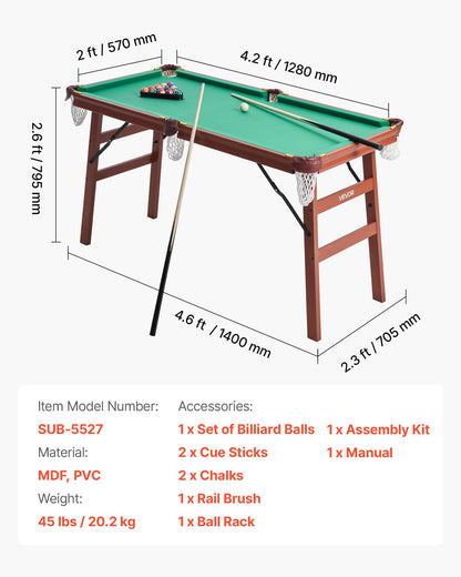 Folding Pool Table, 4.5 ft Portable Billiards Tables, Foldable Space-Saving Entertainment Game Set Includes Ball, Cue, Rack, Chalk, Brush, Brown with Bule Cloth, for Family Use, Recreation Room