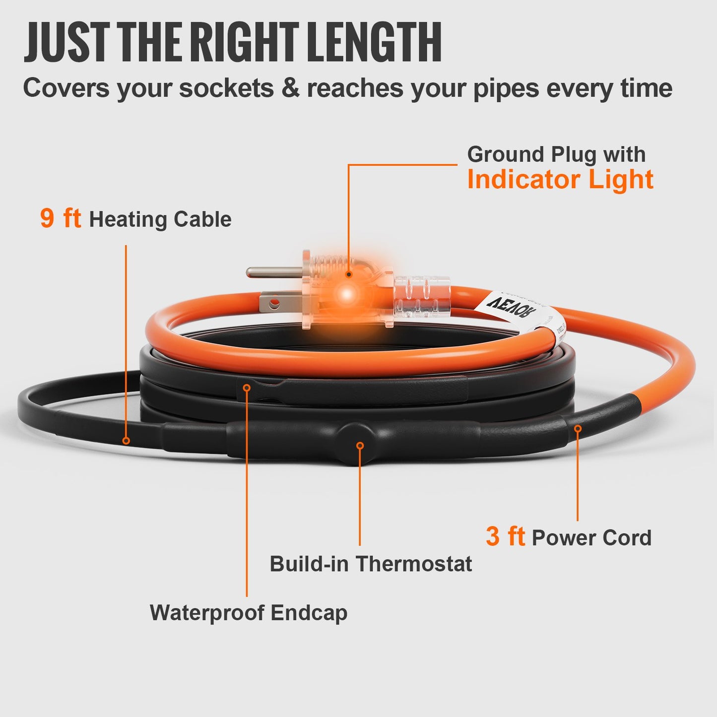 Self-Regulating Pipe Heating Cable, 9FT 5W/FT Heat Tape for Pipes Freeze Protection, Water Pipe Heat Cable with Built-in Thermostat Protects PVC Hose, Metal and Plastic Pipe from Freezing