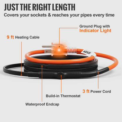 Self-Regulating Pipe Heating Cable, 9FT 5W/FT Heat Tape for Pipes Freeze Protection, Water Pipe Heat Cable with Built-in Thermostat Protects PVC Hose, Metal and Plastic Pipe from Freezing