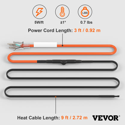 Self-Regulating Pipe Heating Cable, 9FT 5W/FT Heat Tape for Pipes Freeze Protection, Water Pipe Heat Cable with Built-in Thermostat Protects PVC Hose, Metal and Plastic Pipe from Freezing