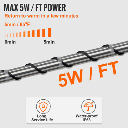 Self-Regulating Pipe Heating Cable, 12FT 5W/FT Heat Tape for Pipes Freeze Protection, Water Pipe Heat Cable with Built-in Thermostat Protects PVC Hose, Metal and Plastic Pipe from Freezing