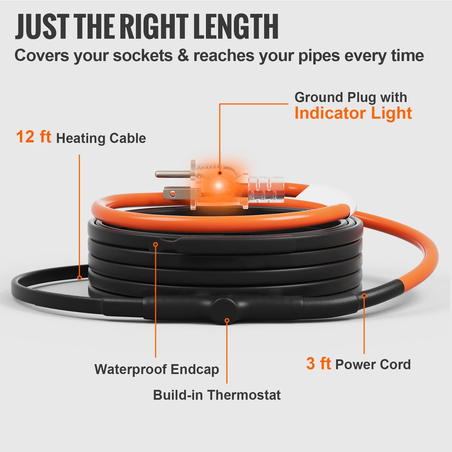 Self-Regulating Pipe Heating Cable, 12FT 5W/FT Heat Tape for Pipes Freeze Protection, Water Pipe Heat Cable with Built-in Thermostat Protects PVC Hose, Metal and Plastic Pipe from Freezing