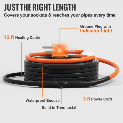 Self-Regulating Pipe Heating Cable, 12FT 5W/FT Heat Tape for Pipes Freeze Protection, Water Pipe Heat Cable with Built-in Thermostat Protects PVC Hose, Metal and Plastic Pipe from Freezing
