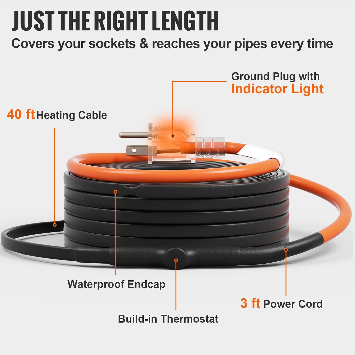 Self-Regulating Pipe Heating Cable, 40FT 5W/FT Heat Tape for Pipes Freeze Protection, Water Pipe Heat Cable with Built-in Thermostat Protects PVC Hose, Metal and Plastic Pipe from Freezing