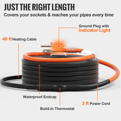 Self-Regulating Pipe Heating Cable, 40FT 5W/FT Heat Tape for Pipes Freeze Protection, Water Pipe Heat Cable with Built-in Thermostat Protects PVC Hose, Metal and Plastic Pipe from Freezing
