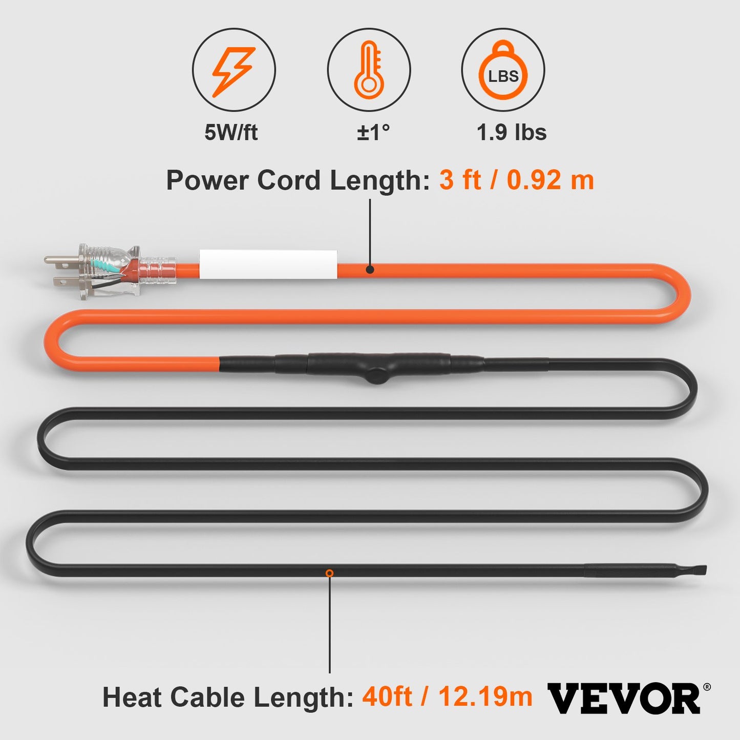 Self-Regulating Pipe Heating Cable, 40FT 5W/FT Heat Tape for Pipes Freeze Protection, Water Pipe Heat Cable with Built-in Thermostat Protects PVC Hose, Metal and Plastic Pipe from Freezing