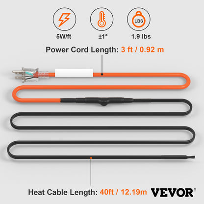 Self-Regulating Pipe Heating Cable, 40FT 5W/FT Heat Tape for Pipes Freeze Protection, Water Pipe Heat Cable with Built-in Thermostat Protects PVC Hose, Metal and Plastic Pipe from Freezing