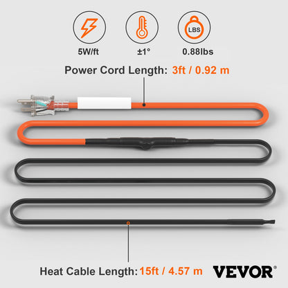 Self-Regulating Pipe Heating Cable, 15FT 5W/FT Heat Tape for Pipes Freeze Protection, Water Pipe Heat Cable with Built-in Thermostat Protects PVC Hose, Metal and Plastic Pipe from Freezing