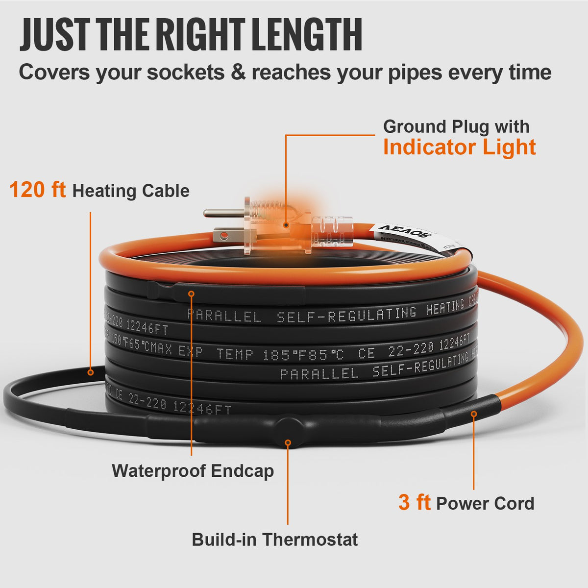 Self-Regulating Pipe Heating Cable, 120-feet 5W/ft Heat Tape for Pipes Freeze Protection, Protects PVC Hose, Metal and Plastic Pipe from Freezing, 120V