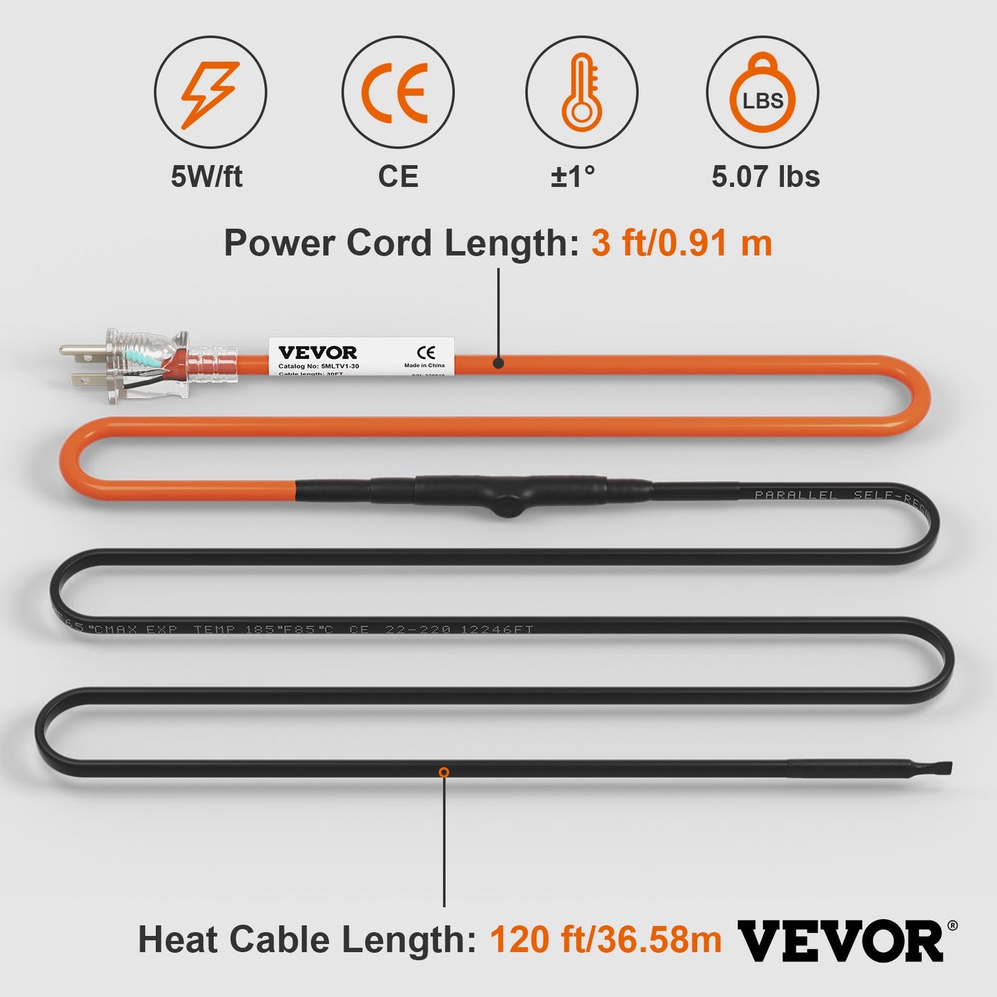 Self-Regulating Pipe Heating Cable, 120-feet 5W/ft Heat Tape for Pipes Freeze Protection, Protects PVC Hose, Metal and Plastic Pipe from Freezing, 120V