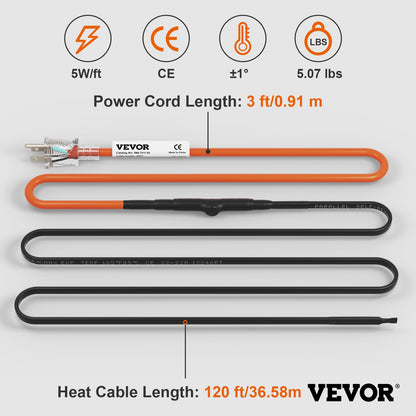 Self-Regulating Pipe Heating Cable, 120-feet 5W/ft Heat Tape for Pipes Freeze Protection, Protects PVC Hose, Metal and Plastic Pipe from Freezing, 120V