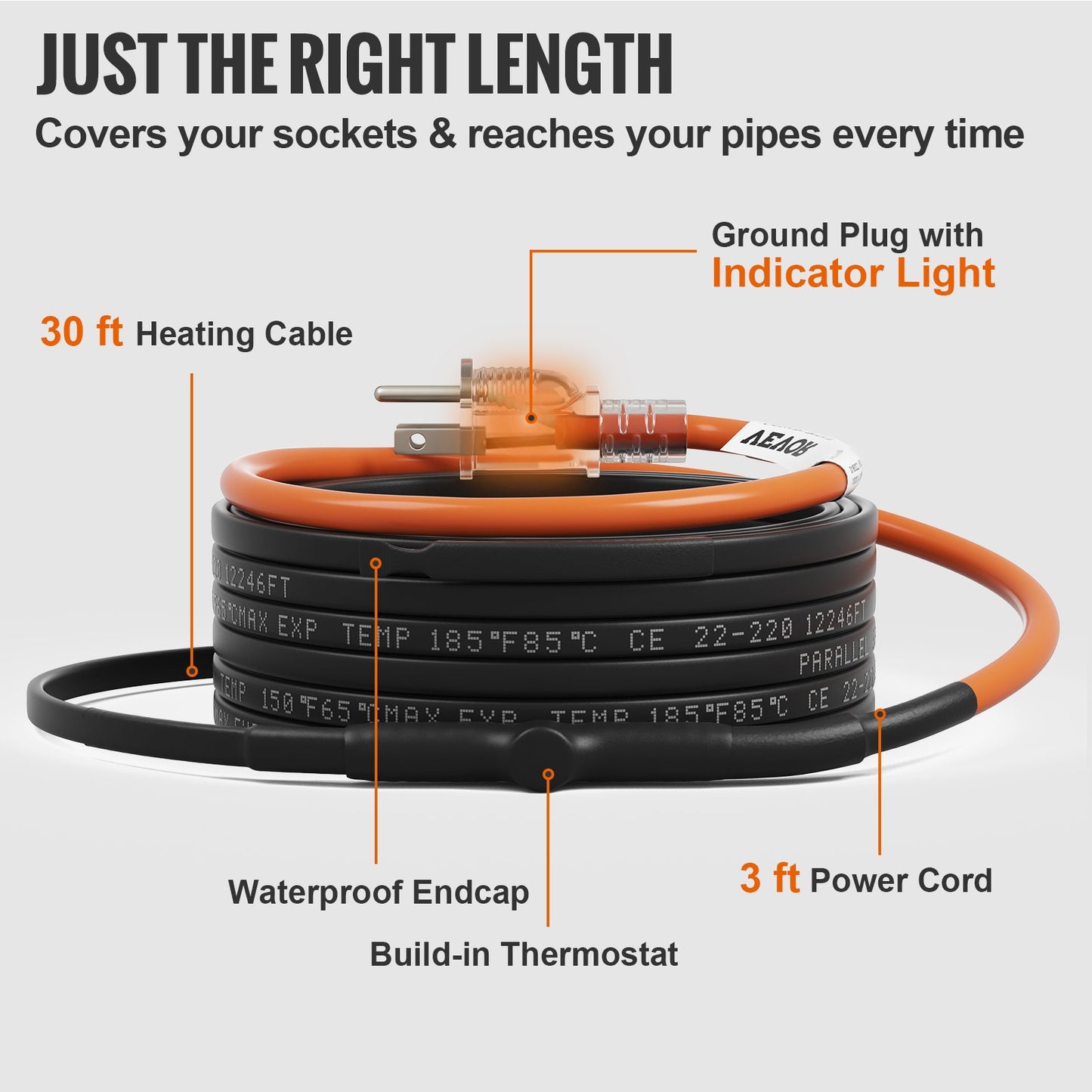 Self-Regulating Pipe Heating Cable, 30-feet 5W/ft Heat Tape for Pipes Freeze Protection, Protects PVC Hose, Metal and Plastic Pipe from Freezing, 120V