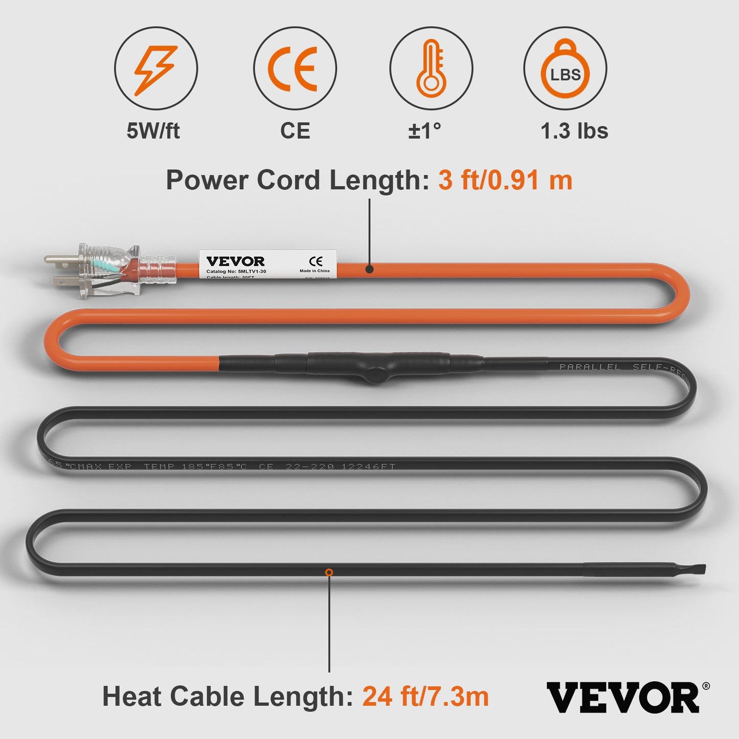 Self-Regulating Pipe Heating Cable, 24-feet 5W/ft Heat Tape for Pipes Freeze Protection, Protects PVC Hose, Metal and Plastic Pipe from Freezing, 120V
