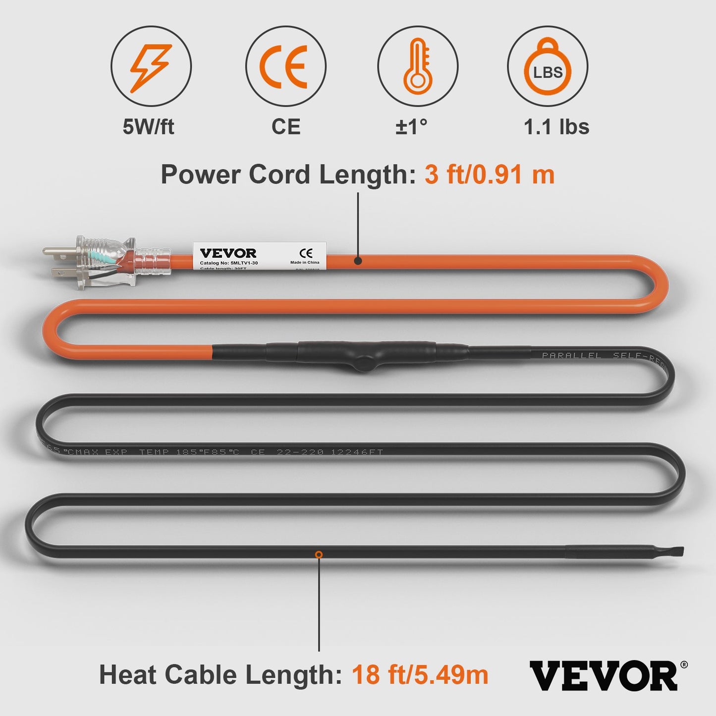 Self-Regulating Pipe Heating Cable, 18-feet 5W/ft Heat Tape for Pipes Freeze Protection, Protects PVC Hose, Metal and Plastic Pipe from Freezing, 120V