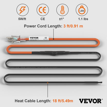 Self-Regulating Pipe Heating Cable, 18-feet 5W/ft Heat Tape for Pipes Freeze Protection, Protects PVC Hose, Metal and Plastic Pipe from Freezing, 120V