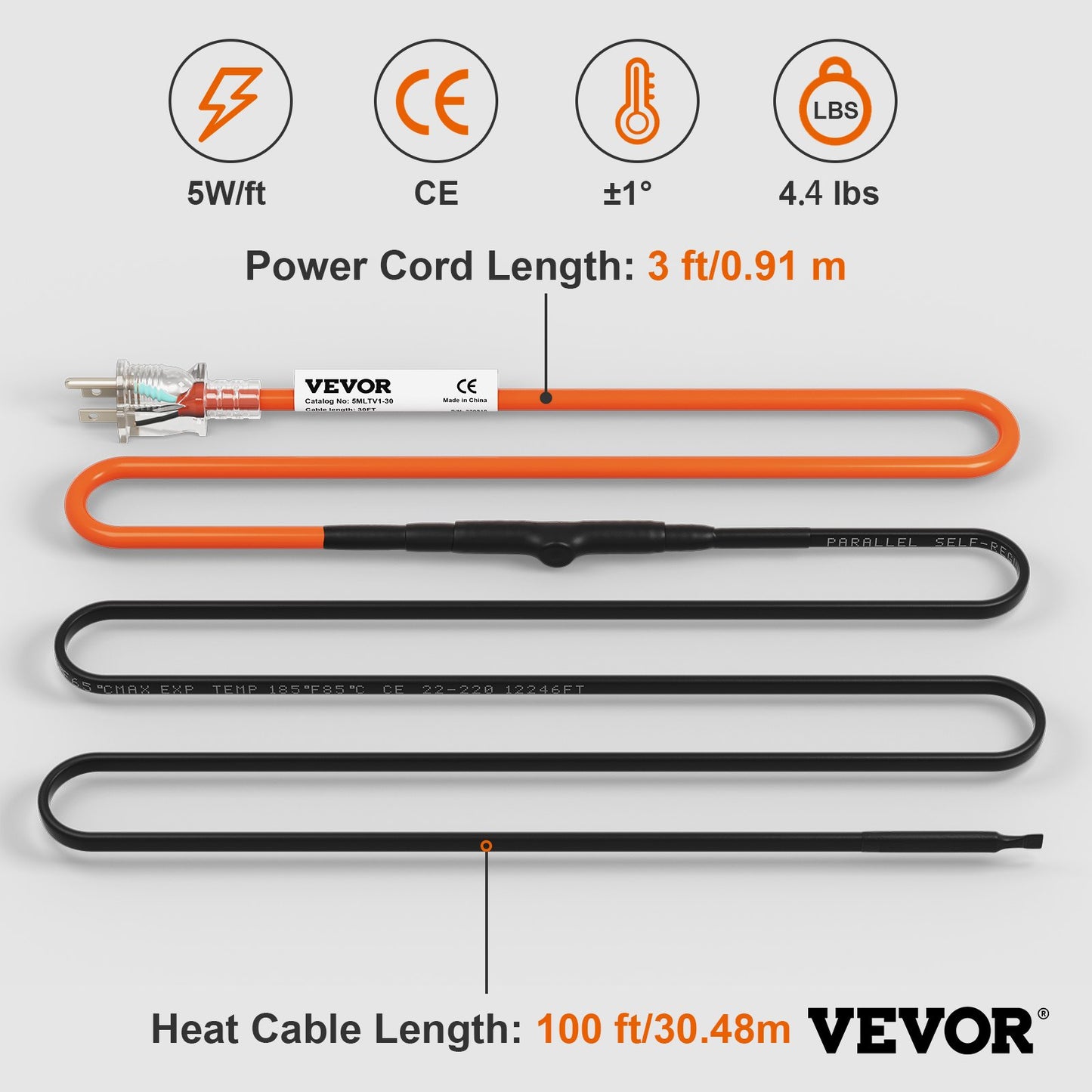 Self-Regulating Pipe Heating Cable, 100-feet 5W/ft Heat Tape for Pipes Freeze Protection, Protects PVC Hose, Metal and Plastic Pipe from Freezing, 120V