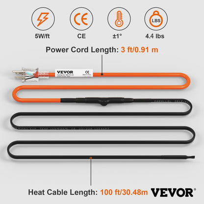 Self-Regulating Pipe Heating Cable, 100-feet 5W/ft Heat Tape for Pipes Freeze Protection, Protects PVC Hose, Metal and Plastic Pipe from Freezing, 120V