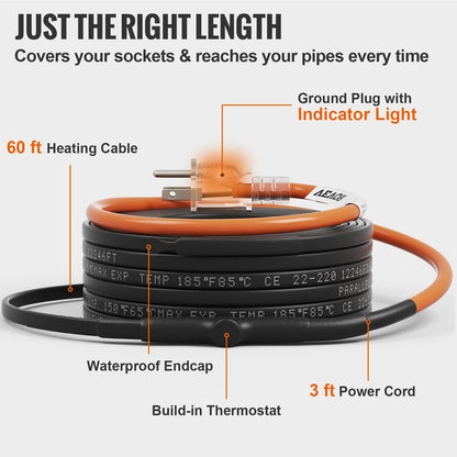 Self-Regulating Pipe Heating Cable, 60-feet 5W/ft Heat Tape for Pipes Freeze Protection, Protects PVC Hose, Metal and Plastic Pipe from Freezing, 120V