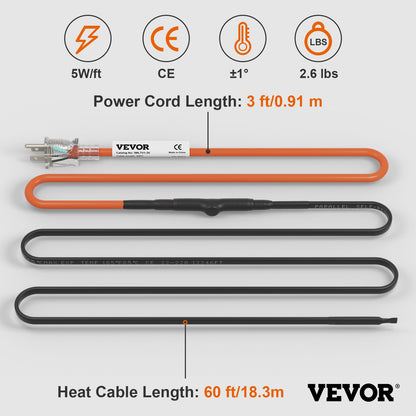 Self-Regulating Pipe Heating Cable, 60-feet 5W/ft Heat Tape for Pipes Freeze Protection, Protects PVC Hose, Metal and Plastic Pipe from Freezing, 120V