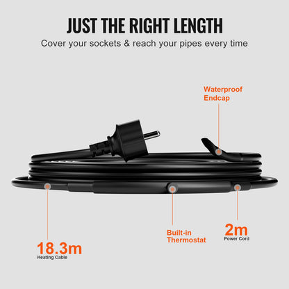 Self-regulating pipe heating cable 18.3m 16.4W/m heating tape with thermostat