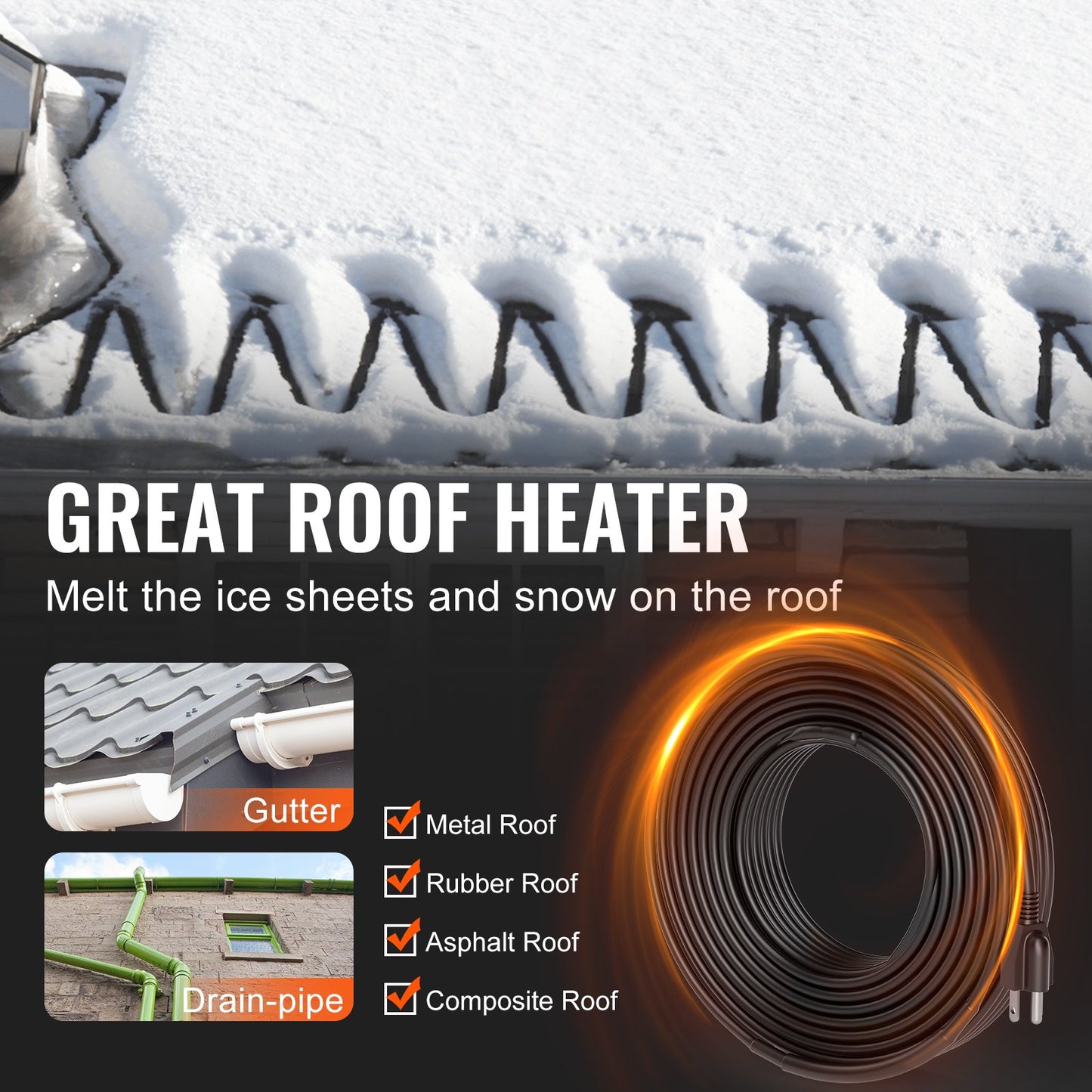 Self-Regulating Pipe Heating Cable, 80FT 5W/FT Heat Tape for Pipes, Roof Snow Melting De-icing, Gutter and Pipe Freeze Protection