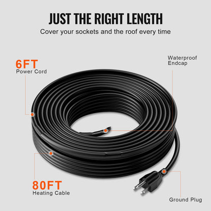 Self-Regulating Pipe Heating Cable, 80FT 5W/FT Heat Tape for Pipes, Roof Snow Melting De-icing, Gutter and Pipe Freeze Protection