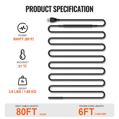Self-Regulating Pipe Heating Cable, 80FT 5W/FT Heat Tape for Pipes, Roof Snow Melting De-icing, Gutter and Pipe Freeze Protection