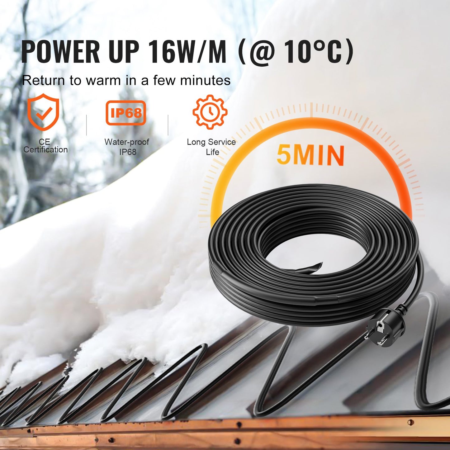 Self-regulating pipe heating cable 9m 16W/m heating tape for pipe roof