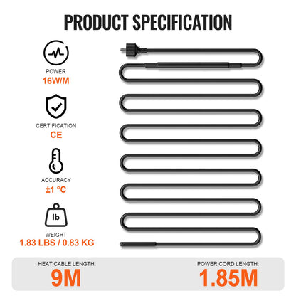Self-regulating pipe heating cable 9m 16W/m heating tape for pipe roof