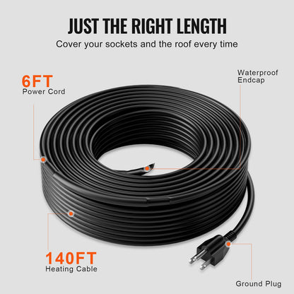 Self-Regulating Pipe Heating Cable, 140FT 5W/FT Heat Tape for Pipes, Roof Snow Melting De-icing, Gutter and Pipe Freeze Protection