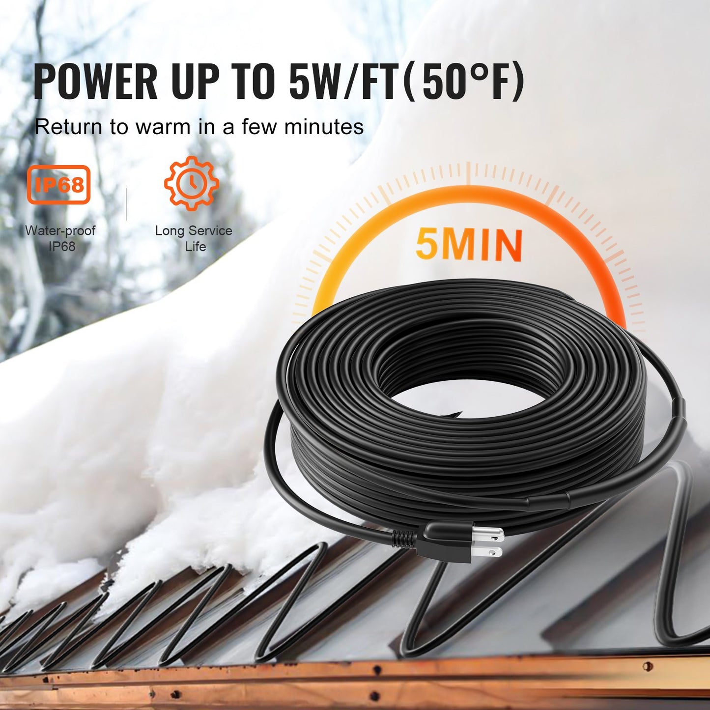 Self-Regulating Pipe Heating Cable, 120FT 5W/FT Heat Tape for Pipes, Roof Snow Melting De-icing, Gutter and Pipe Freeze Protection