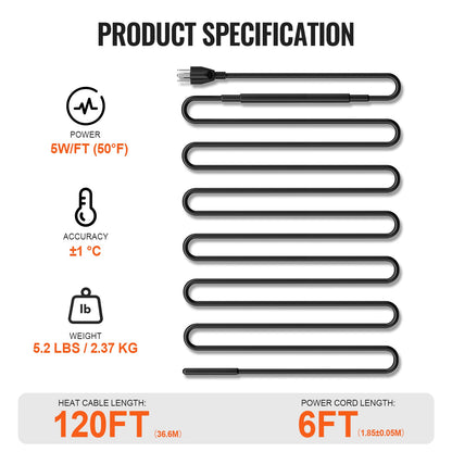 Self-Regulating Pipe Heating Cable, 120FT 5W/FT Heat Tape for Pipes, Roof Snow Melting De-icing, Gutter and Pipe Freeze Protection
