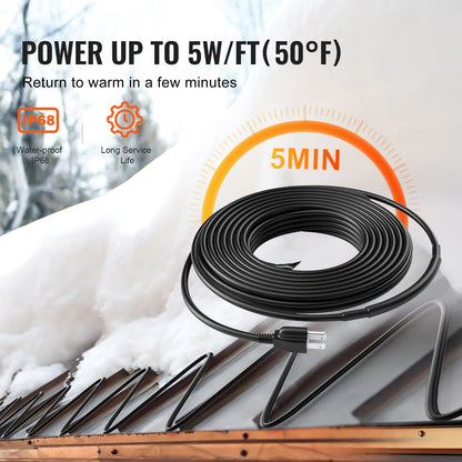 Self-Regulating Pipe Heating Cable, 12FT 5W/FT Heat Tape for Pipes, Roof Snow Melting De-icing, Gutter and Pipe Freeze Protection