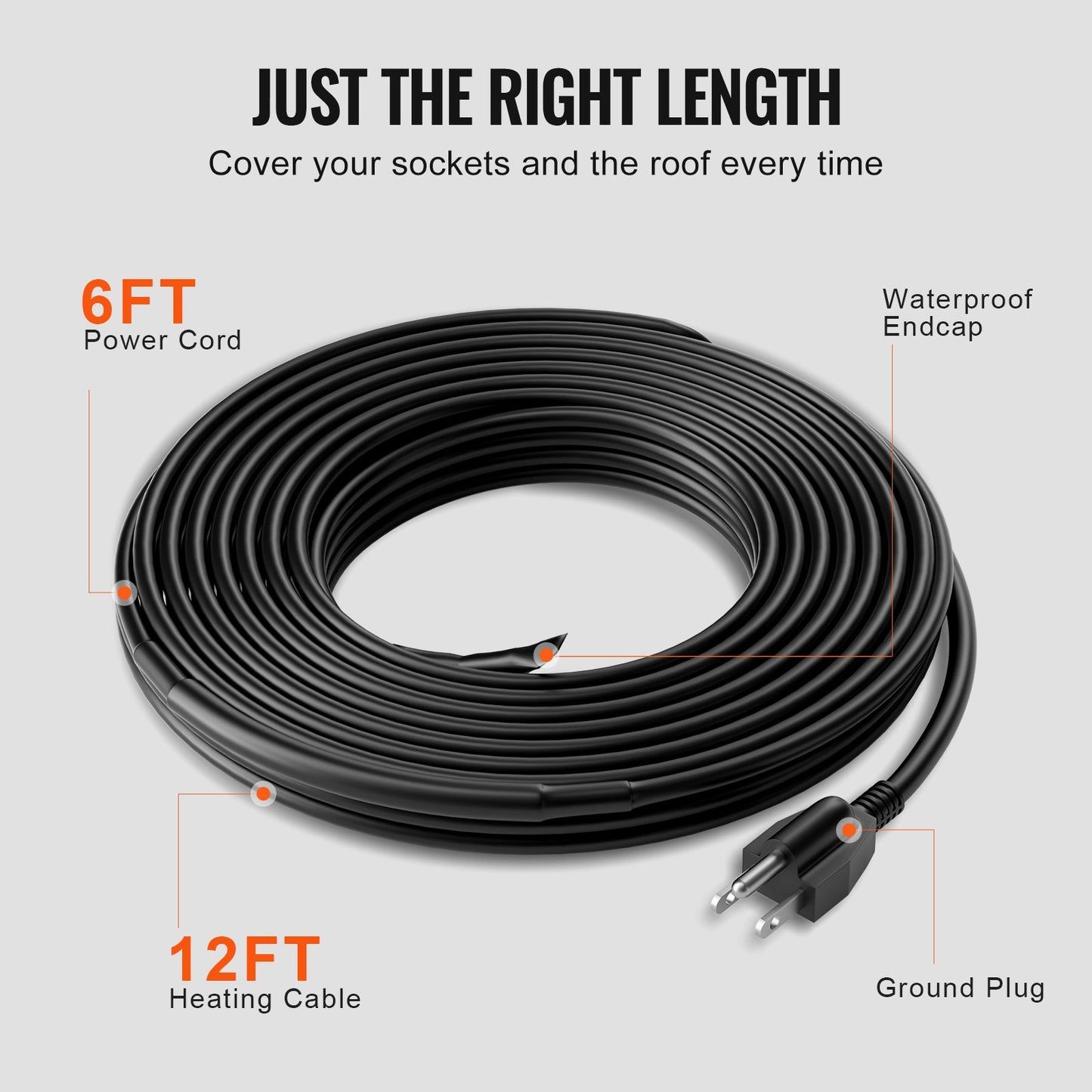 Self-Regulating Pipe Heating Cable, 12FT 5W/FT Heat Tape for Pipes, Roof Snow Melting De-icing, Gutter and Pipe Freeze Protection