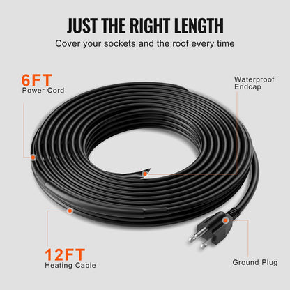 Self-Regulating Pipe Heating Cable, 12FT 5W/FT Heat Tape for Pipes, Roof Snow Melting De-icing, Gutter and Pipe Freeze Protection