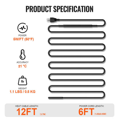 Self-Regulating Pipe Heating Cable, 12FT 5W/FT Heat Tape for Pipes, Roof Snow Melting De-icing, Gutter and Pipe Freeze Protection