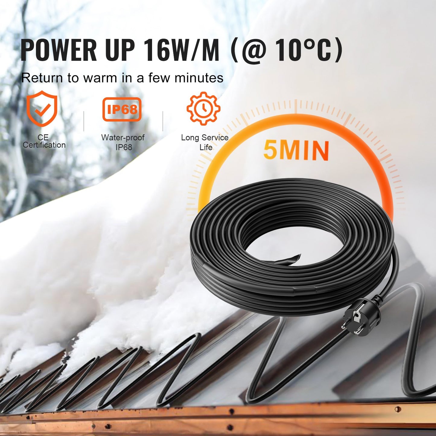 Self-regulating pipe heating cable 4m 16W/m heating tape for pipe roof