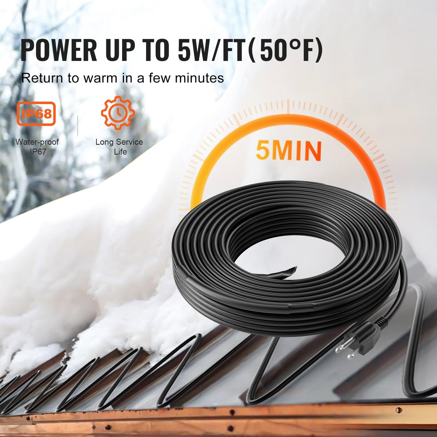 Self-Regulating Pipe Heating Cable, 50FT 5W/FT Heat Tape for Pipes, Roof Snow Melting De-icing, Gutter and Pipe Freeze Protection