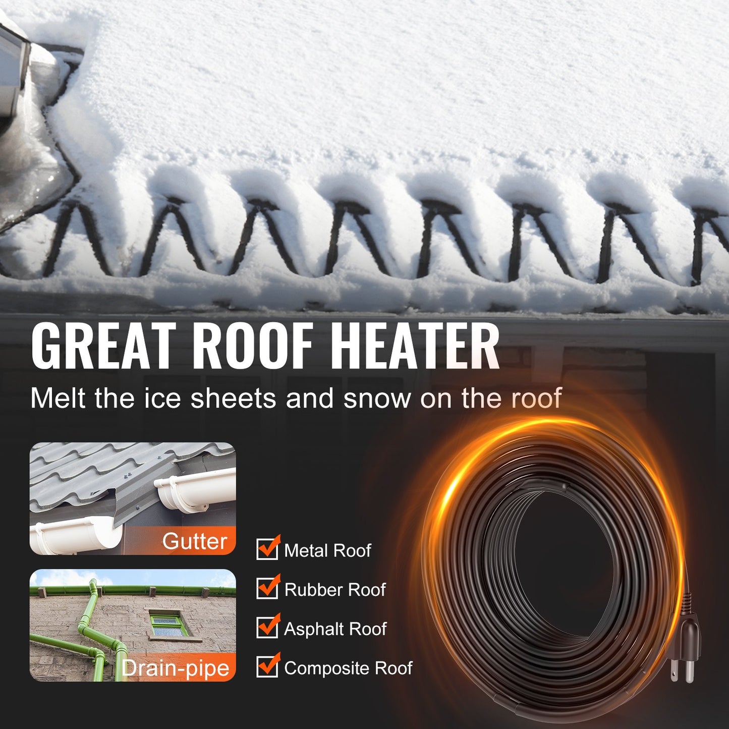 Self-Regulating Pipe Heating Cable, 50FT 5W/FT Heat Tape for Pipes, Roof Snow Melting De-icing, Gutter and Pipe Freeze Protection