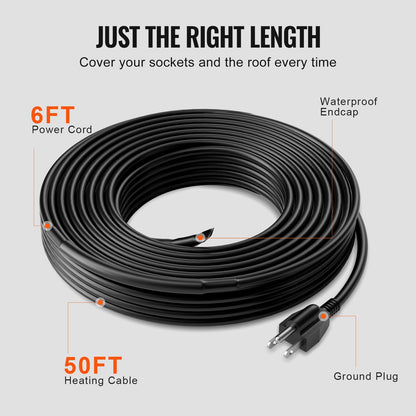 Self-Regulating Pipe Heating Cable, 50FT 5W/FT Heat Tape for Pipes, Roof Snow Melting De-icing, Gutter and Pipe Freeze Protection