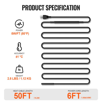 Self-Regulating Pipe Heating Cable, 50FT 5W/FT Heat Tape for Pipes, Roof Snow Melting De-icing, Gutter and Pipe Freeze Protection